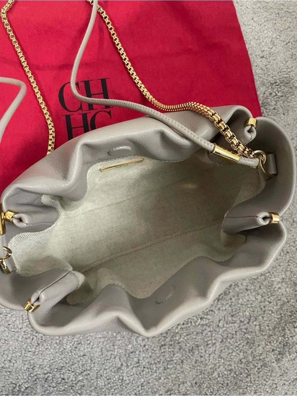 Carolina Herrera Leather Drawstring Crossbody Bucket Bag with Gold Hardware